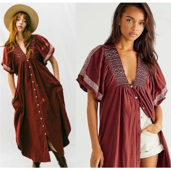 Free People Samantha Embroidered Puff Sleeve Button Front Maxi Dress Medium - Picture 16 of 16